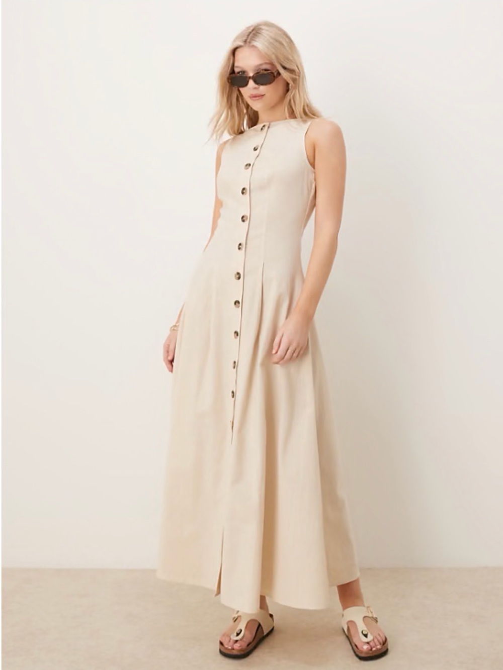 Sleeveless Button-Front Linen Dress in Beige